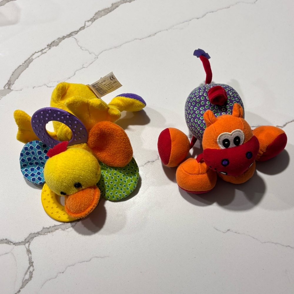 Vintage Plush 2 Infantino Rattles - Vibrating Jingles Cow Yellow Duck Mirror Set